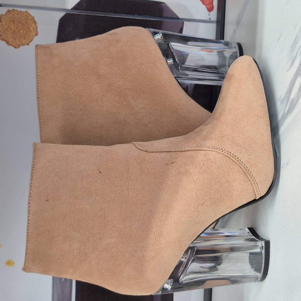 Faux Suede Tan Ankle Boots with Clear Heels